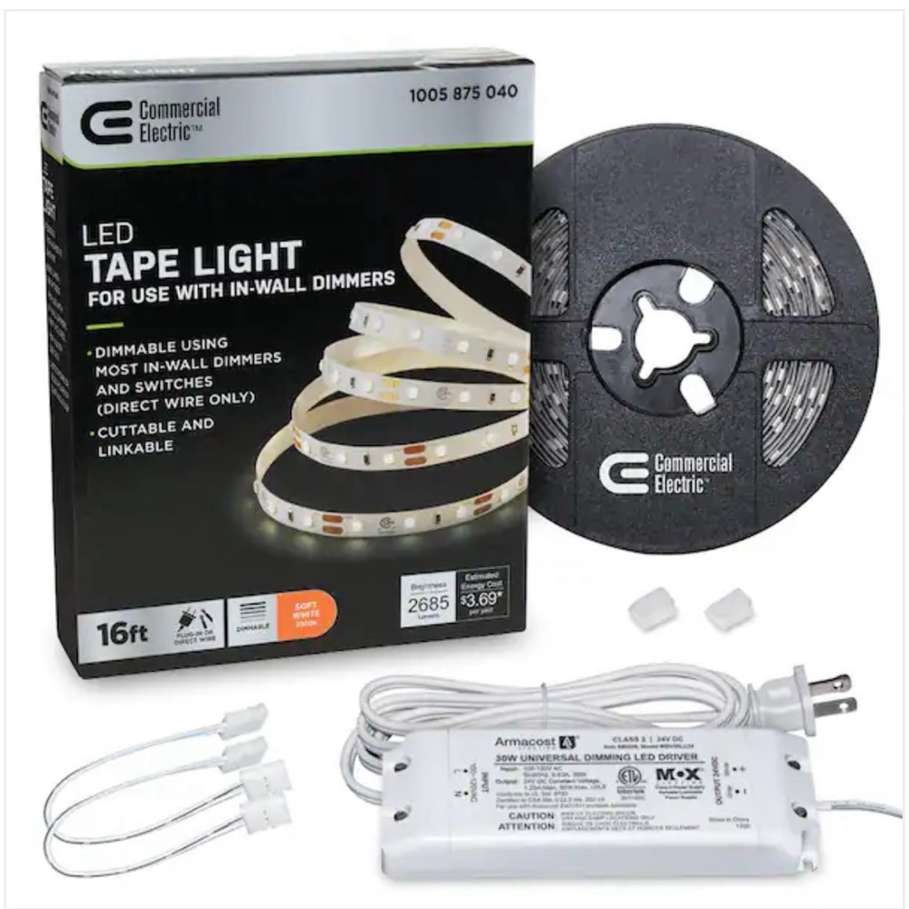 🆕 Commercial Electric 16 ft. LED AC Dimmable White Tape Light Kit